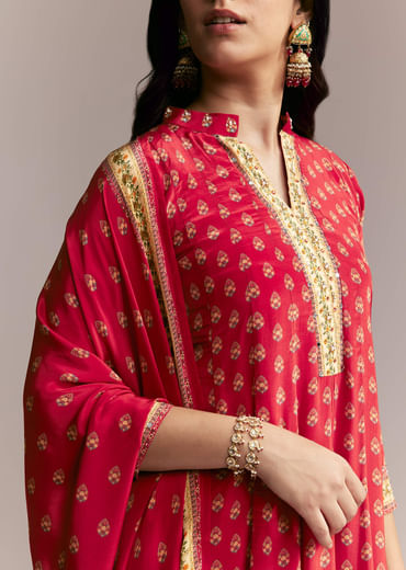 Red Printed Crepe Anarkali Set