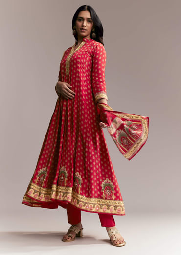 Red Printed Crepe Anarkali Set