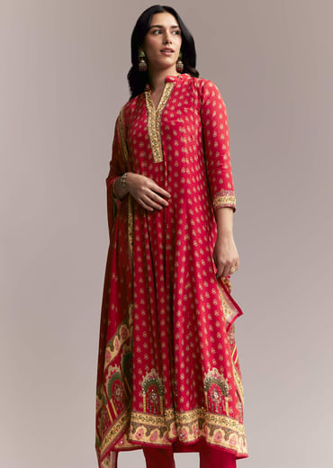 Red Printed Crepe Anarkali Set