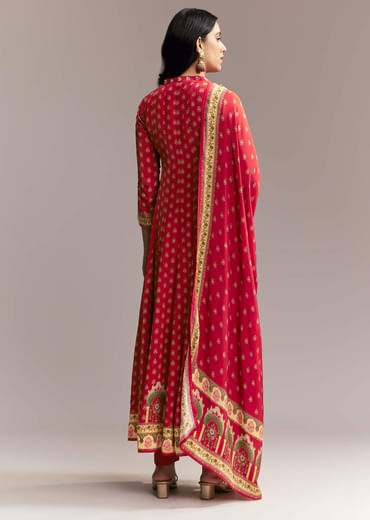 Red Printed Crepe Anarkali Set