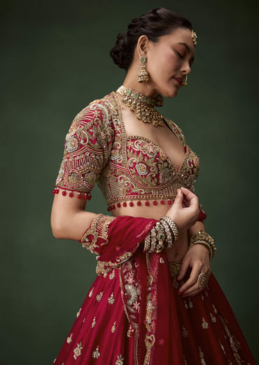 Red Raw Silk Bridal Lehenga Set with Two Dupattas