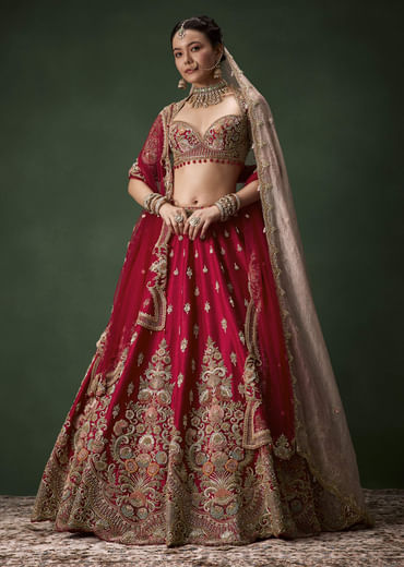 Red Raw Silk Bridal Lehenga Set with Two Dupattas