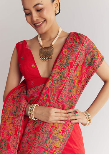 Red Saree With Traditional Floral And Animal Prints