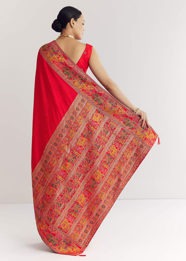 Red Saree With Traditional Floral And Animal Prints