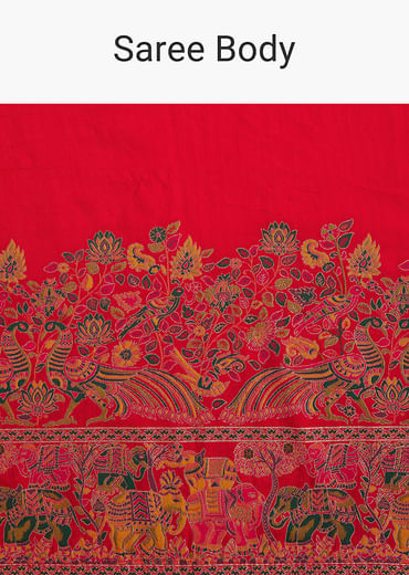 Red Saree With Traditional Floral And Animal Prints