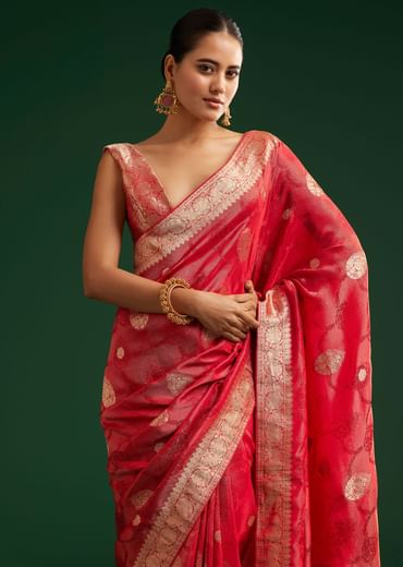Red Saree With Zari Motif and Heavy Embroidered Blouse