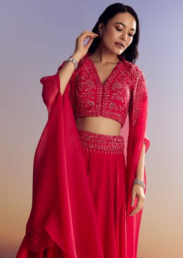 Red Satin Crop Top Set With Embroidered Organza Cape