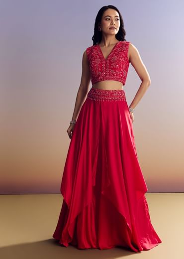 Red Satin Crop Top Set With Embroidered Organza Cape