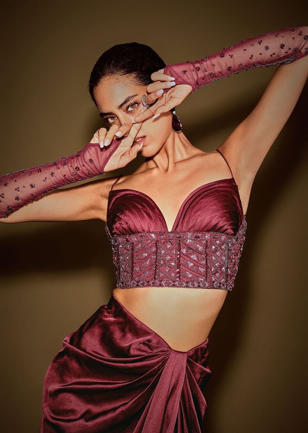 Red Satin Drape Skirt With Embroidered Blouse And Drape Dupatta