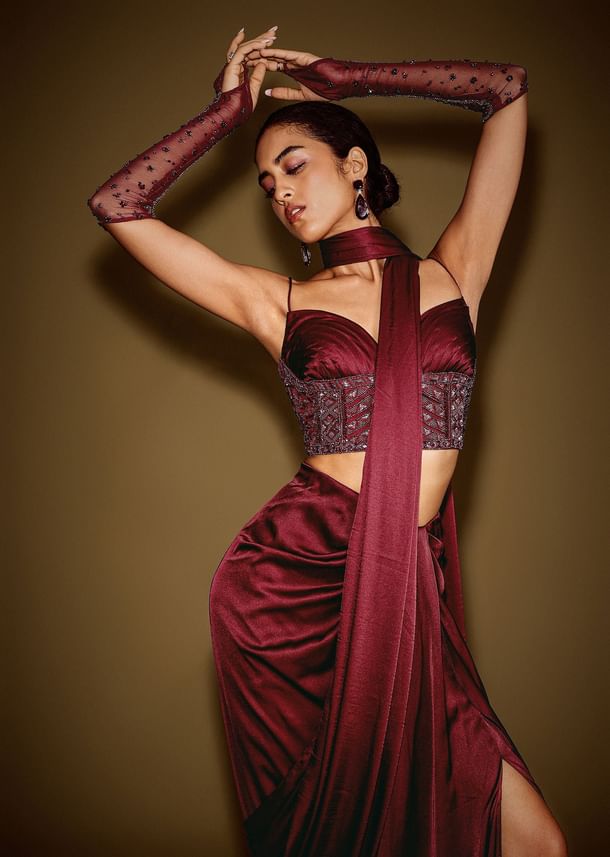 Red Satin Drape Skirt With Embroidered Blouse And Drape Dupatta