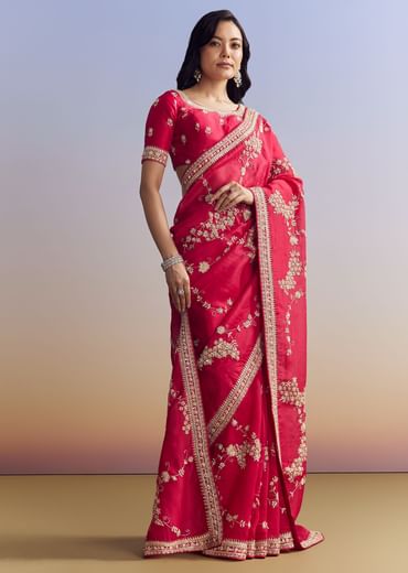 Red Satin Saree With Full Jaal Embroidery