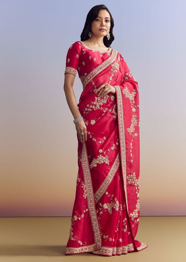 Red Satin Saree With Full Jaal Embroidery