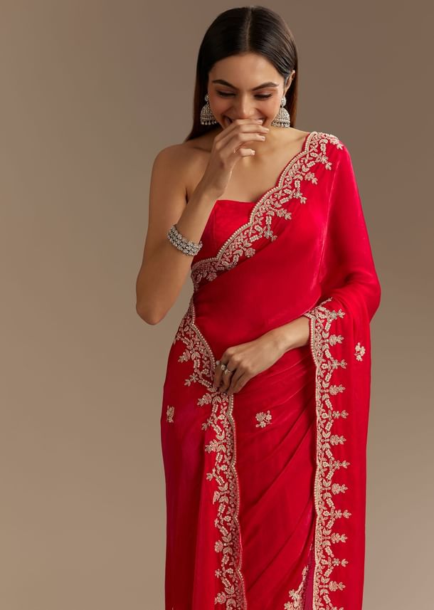 Red Satin Saree With Zardosi Embroidery And Scallop Border