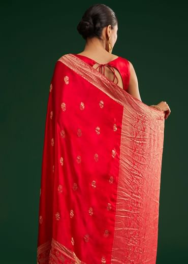 Red Satin Saree With Zari Weave