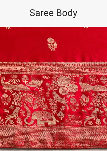 Red Satin Saree With Zari Weave