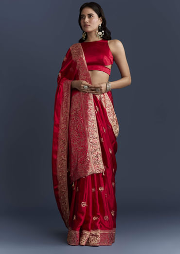 Red Satin Woven Saree With Zari Work