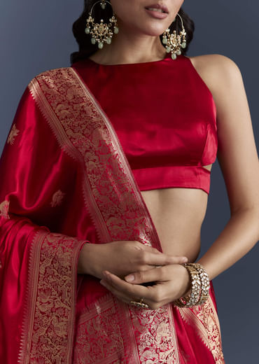 Red Satin Woven Saree With Zari Work