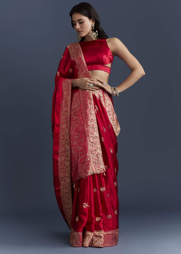 Red Satin Woven Saree With Zari Work