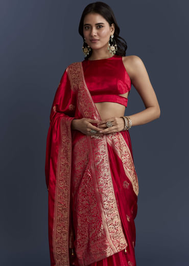 Red Satin Woven Saree With Zari Work
