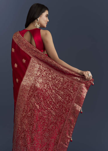 Red Satin Woven Saree With Zari Work
