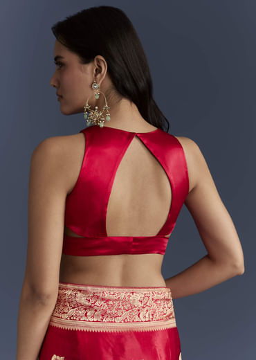 Red Satin Woven Saree With Zari Work