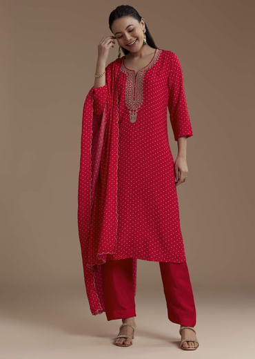 Red Silk Bandhani Print Kurta Set with Zari Work