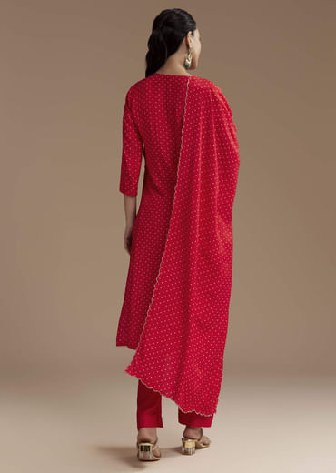 Red Silk Bandhani Print Kurta Set with Zari Work