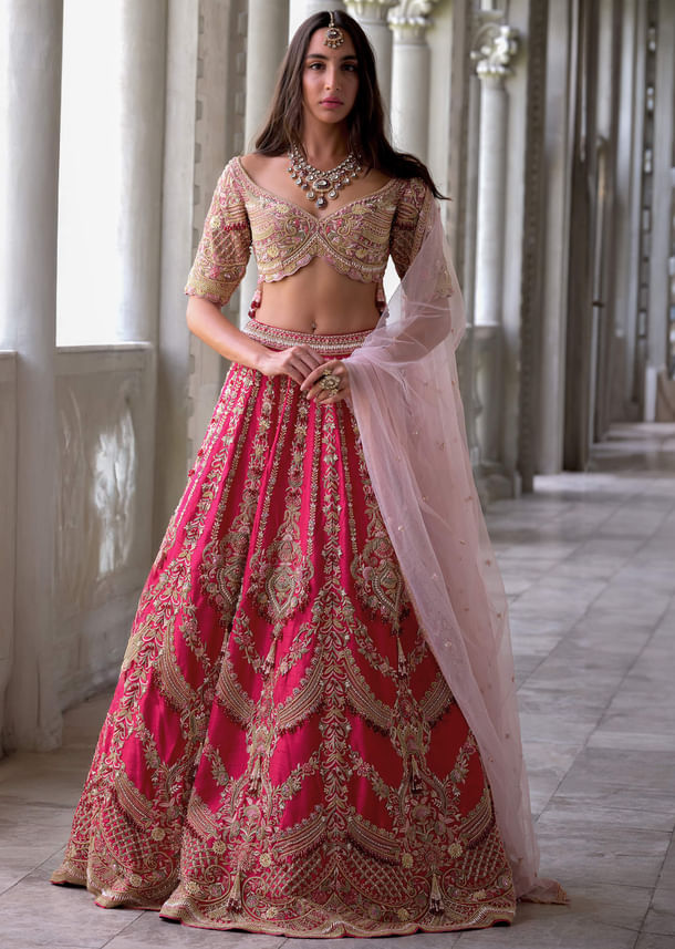 Red Silk Bridal Lehenga With Cutdana Embroidery