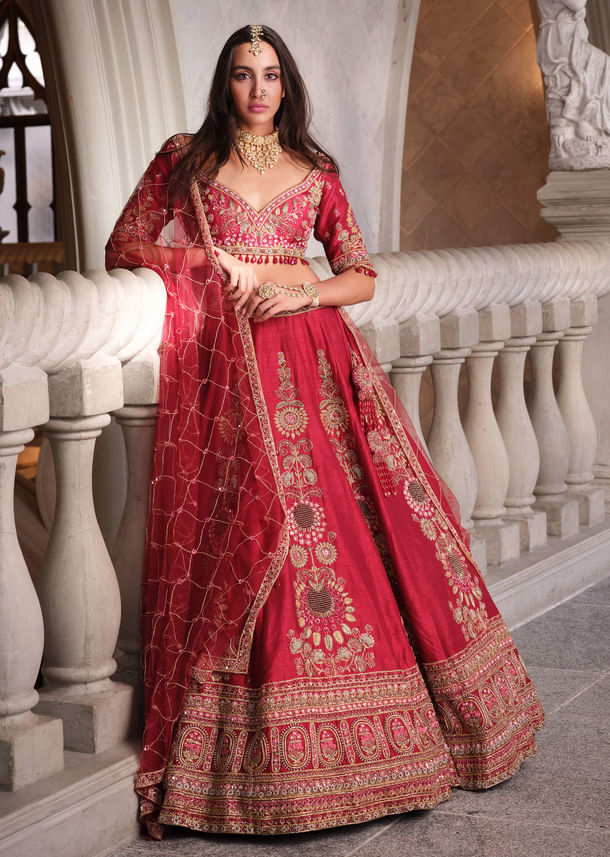 Red Silk Bridal Lehenga With Heavy Zardosi Work and Embroidery