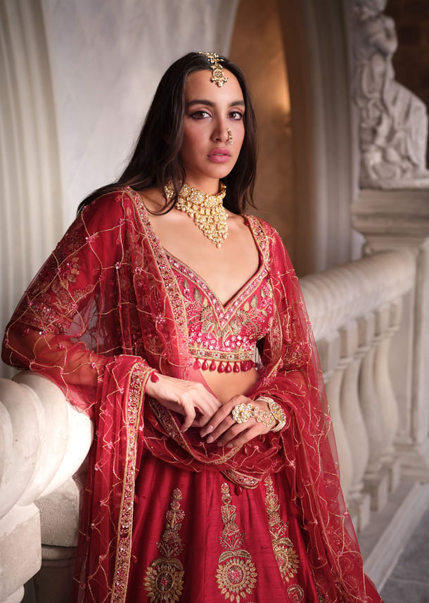 Red Silk Bridal Lehenga With Heavy Zardosi Work and Embroidery