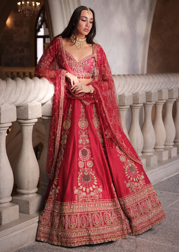 Red Silk Bridal Lehenga With Heavy Zardosi Work and Embroidery