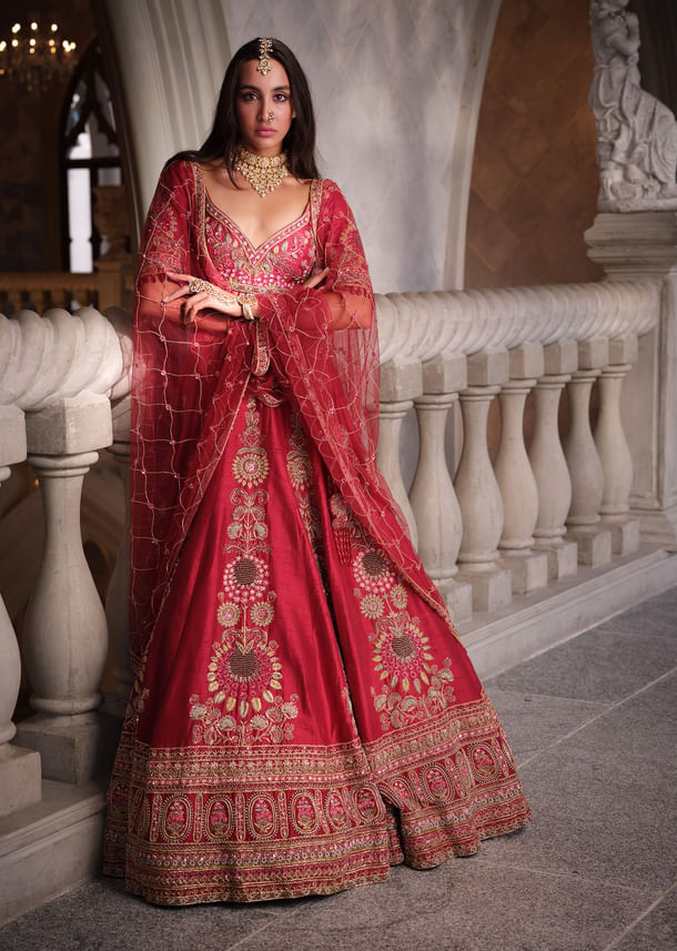 Red Silk Bridal Lehenga With Heavy Zardosi Work and Embroidery