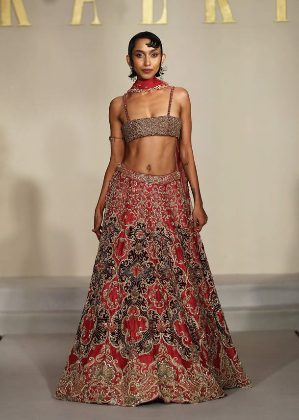 Red Silk Bridal Lehenga With Zardosi And Sequins Embroidery