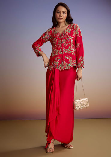 Red Silk Crop Top Skirt With Resham Work