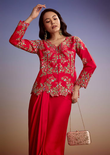 Red Silk Crop Top Skirt With Resham Work