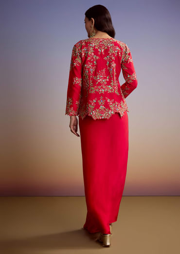 Red Silk Crop Top Skirt With Resham Work