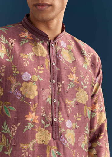 Red Silk Floral Kurta Set For Men With Mirror Embroidery