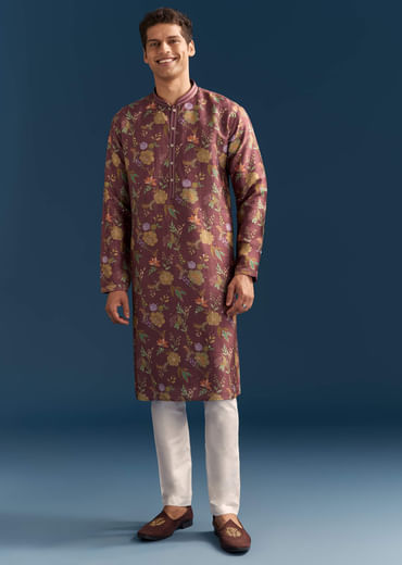 Red Silk Floral Kurta Set For Men With Mirror Embroidery