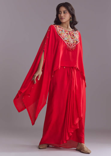 Red Silk Kaftan Top And Drape Skirt Set With Embroidery