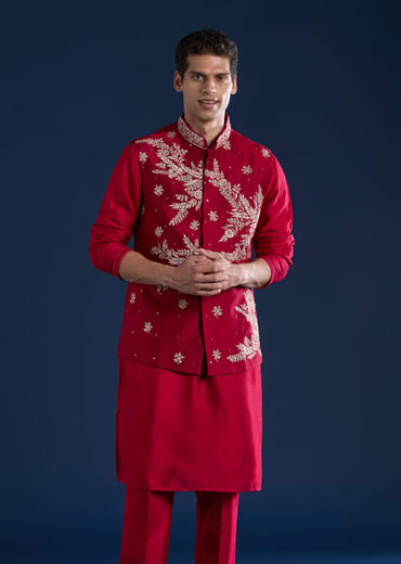 Red Silk Kurta and Jacket Set with Mirror Work