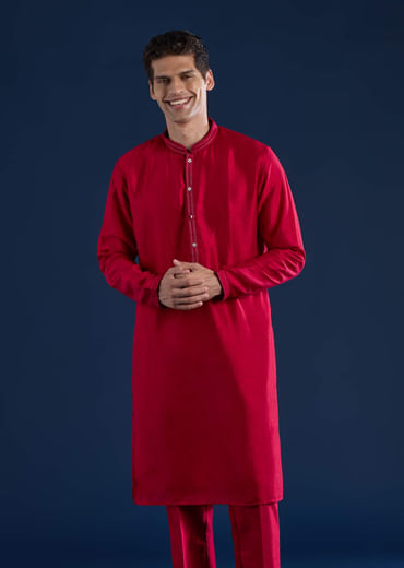 Red Silk Kurta and Jacket Set with Mirror Work