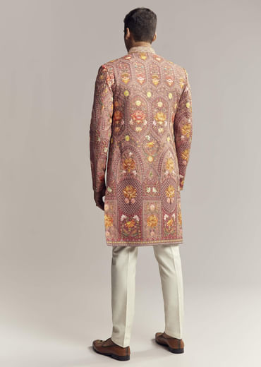 Red Silk Kurta Jacket Set For Men With Open Jacket Style