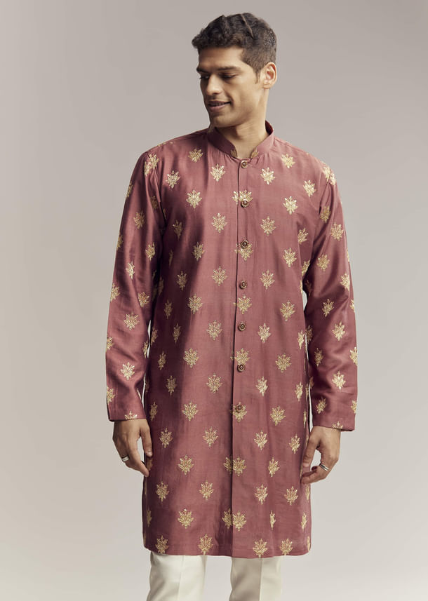 Red Silk Kurta Jacket Set For Men With Open Jacket Style