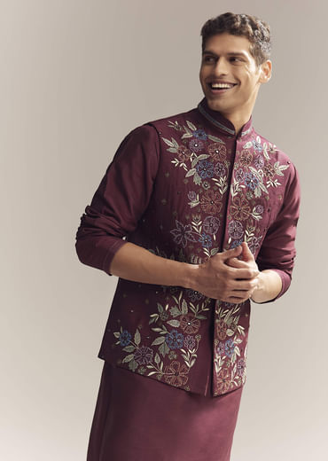 Red Silk Kurta Jacket Set For Men With Resham Embroidery
