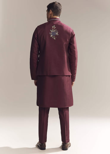 Red Silk Kurta Jacket Set For Men With Resham Embroidery