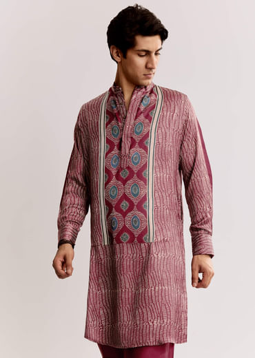 Red Silk Kurta Jacket Set With Ajrakh Print