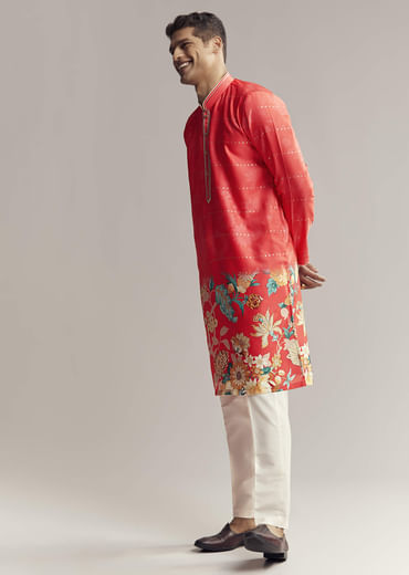 Red Silk Kurta Set For Men With Floral Print