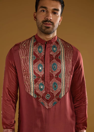 Red Silk Kurta Set For Men With Hand Dyed Leheriya Print
