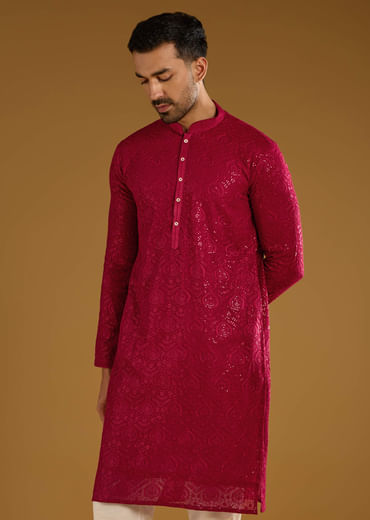 Red Silk Kurta Set For Men With Intricate Hand Embroidery