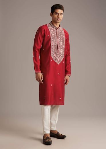 Red Silk Kurta Set For Men With Mirror And Thread Work